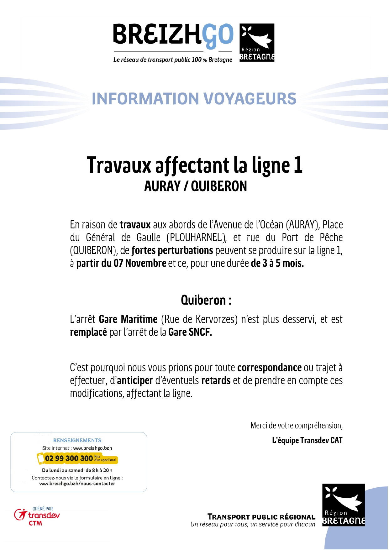Info Voyageur - Ligne 1 - Travaux Auray Quiberon