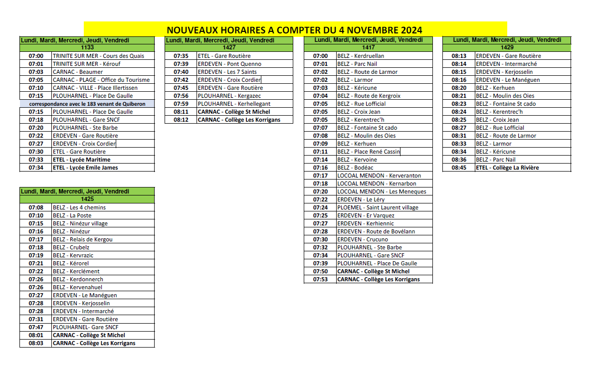 Nouveaux horaires mis en place à partir du 4 novembre 2024